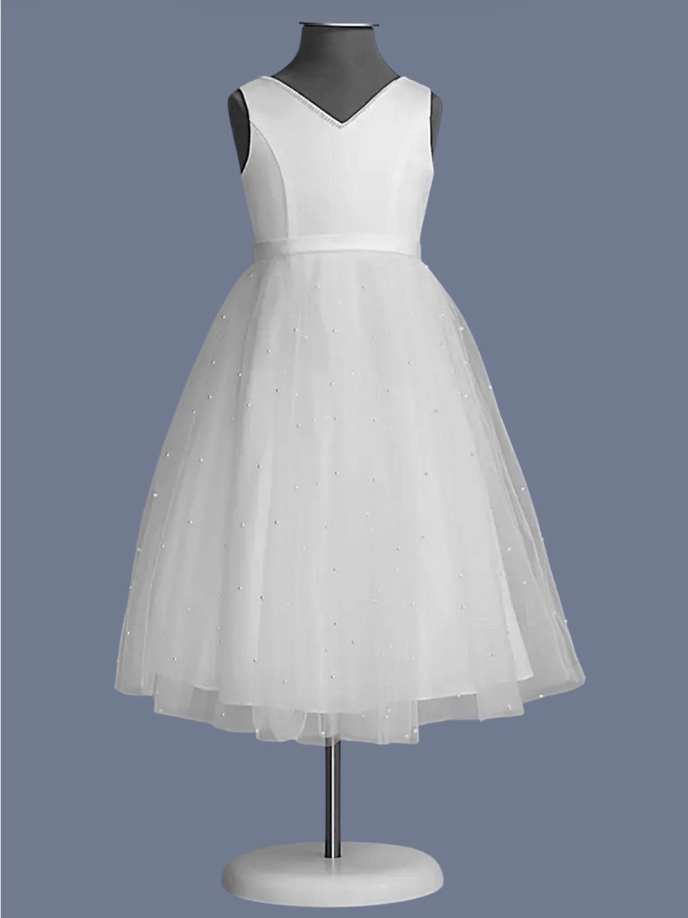 David’s Bridal Girl’s White V-Back Tulle & Pearl Flower Girl Dress - Size 10